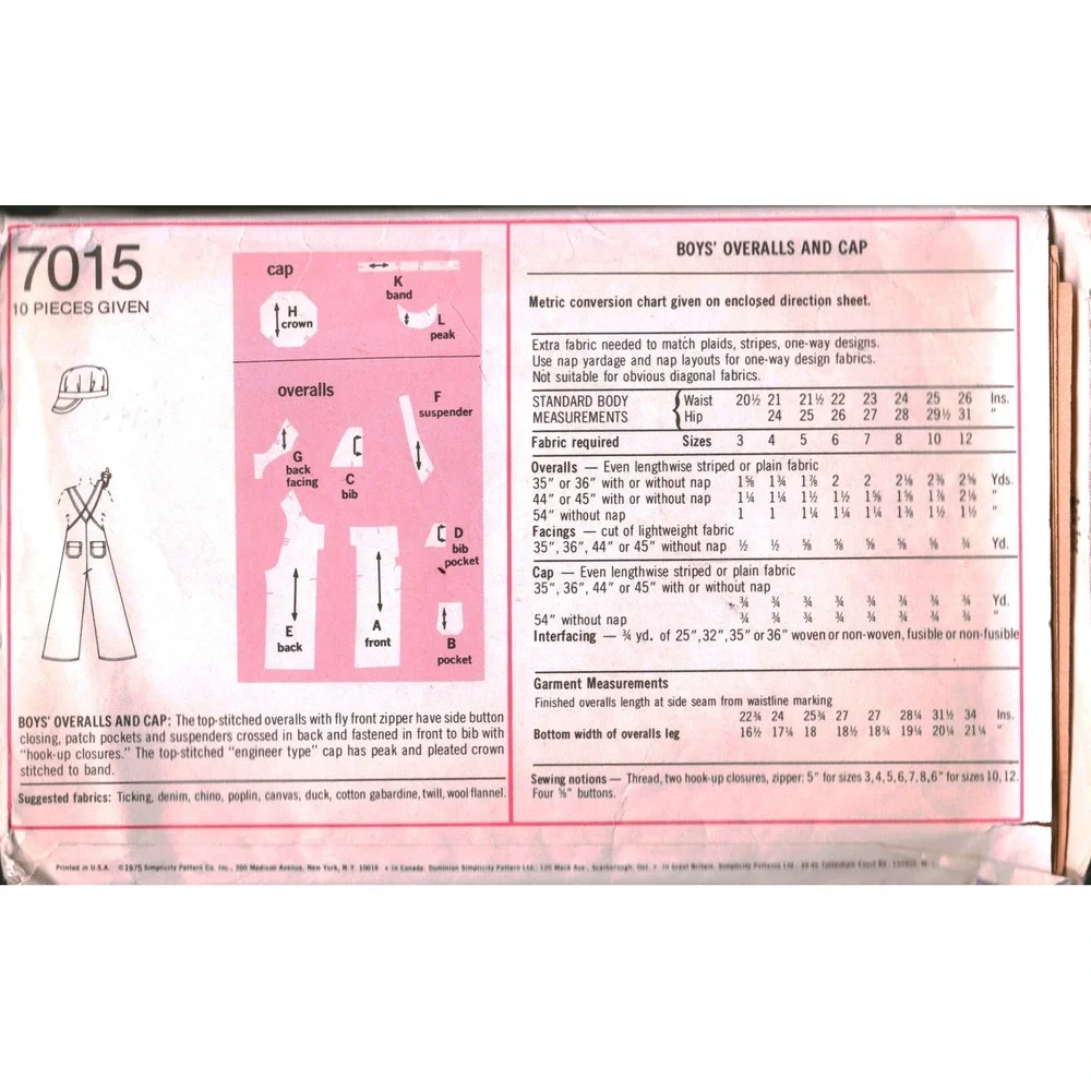 Simplicity 7015 Boys Overalls and Cap Sewing Pattern Size 7 8 Vintage 1975